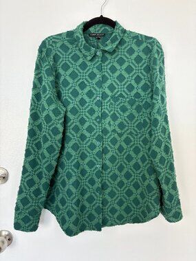 Como Black Green Raw Edge Appliqué Textured Button Down Shirt Large